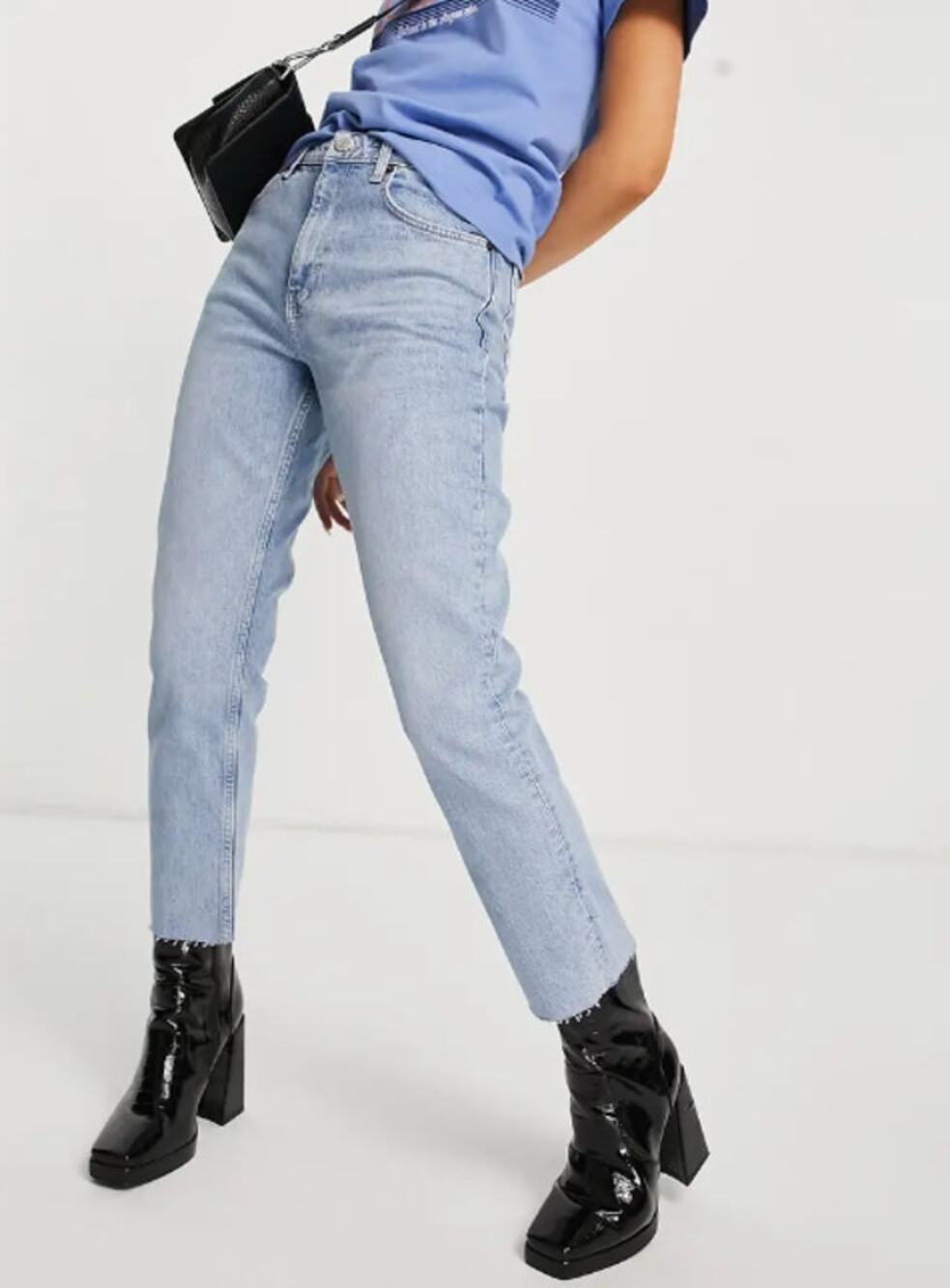 Topshop Light Wash Denim Raw Hem Straight Leg Jeans Womens Size 26/32 Mid Rise
